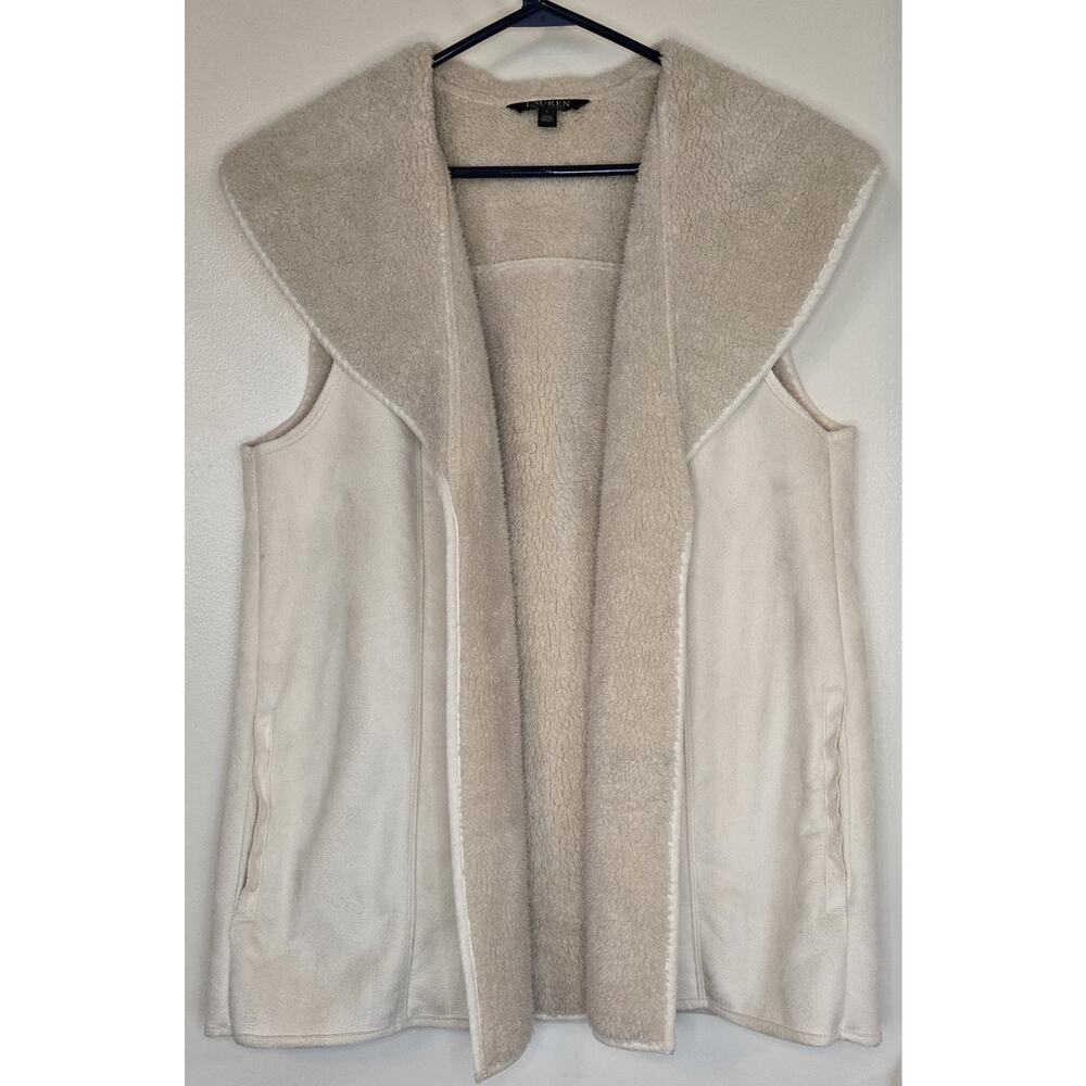 Vintage Ralph Lauren Women's Faux Suede & Sherpa Lined Ivory Open Vest Large